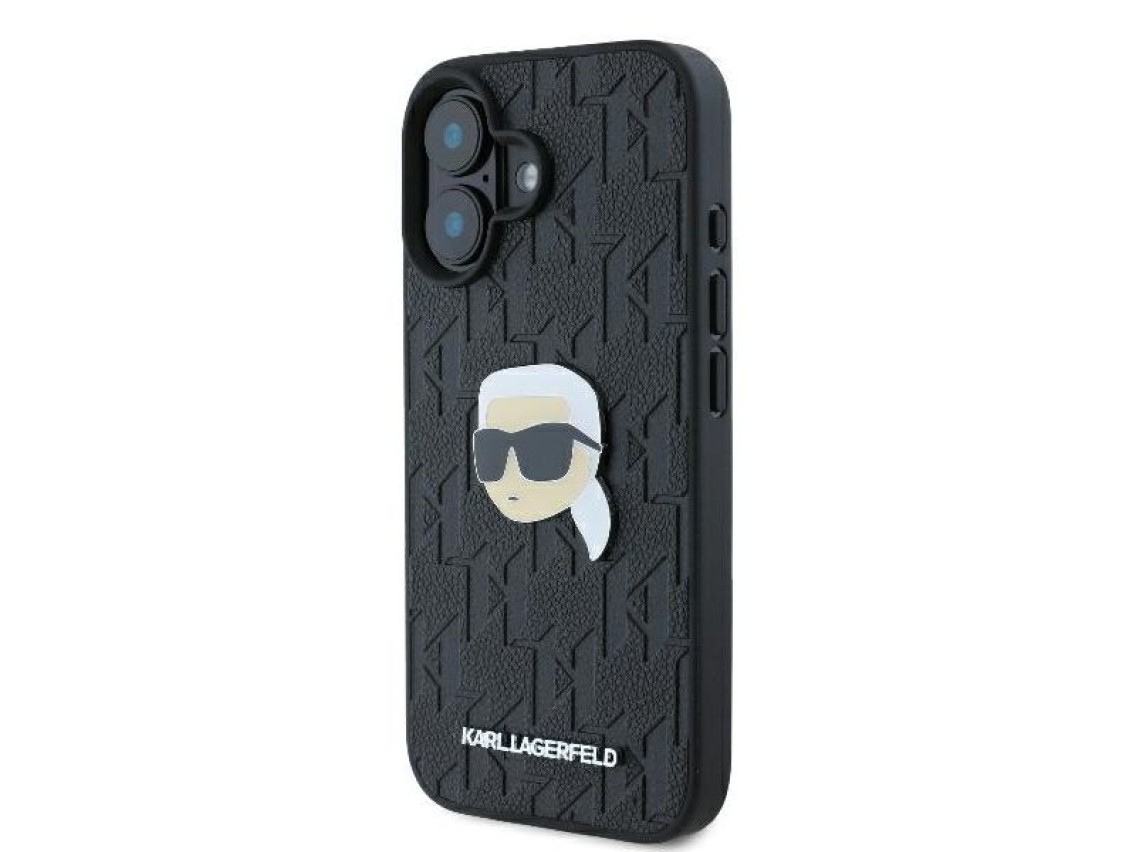Capa para iPhone 16 com broche de cabeça de Karl Lagerfeld e monograma - Preta