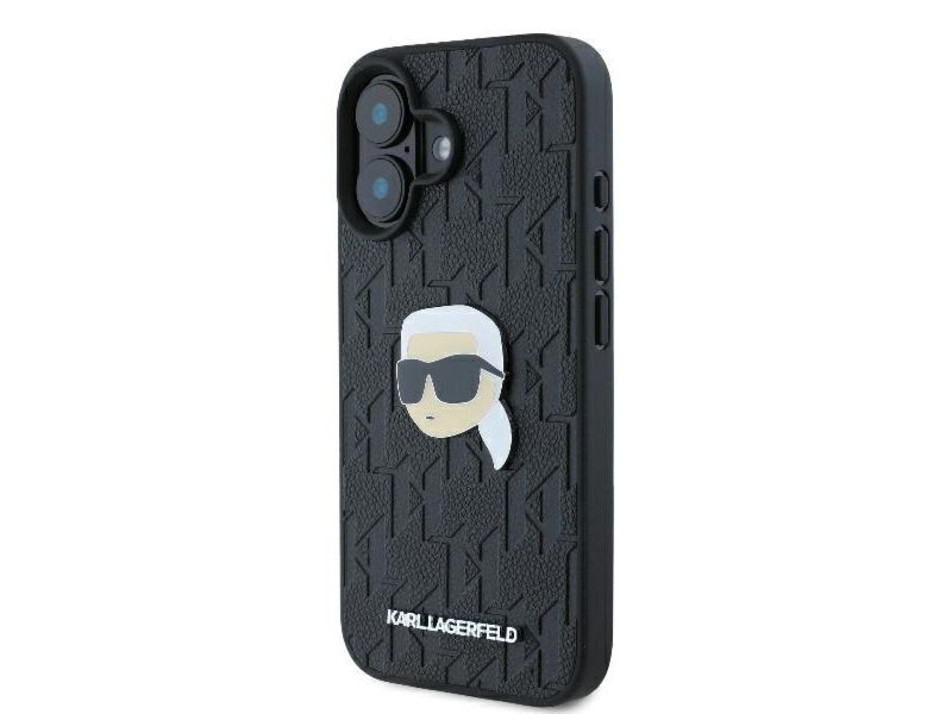 Capa para iPhone 16 com broche de cabeça de Karl Lagerfeld e monograma - Preta