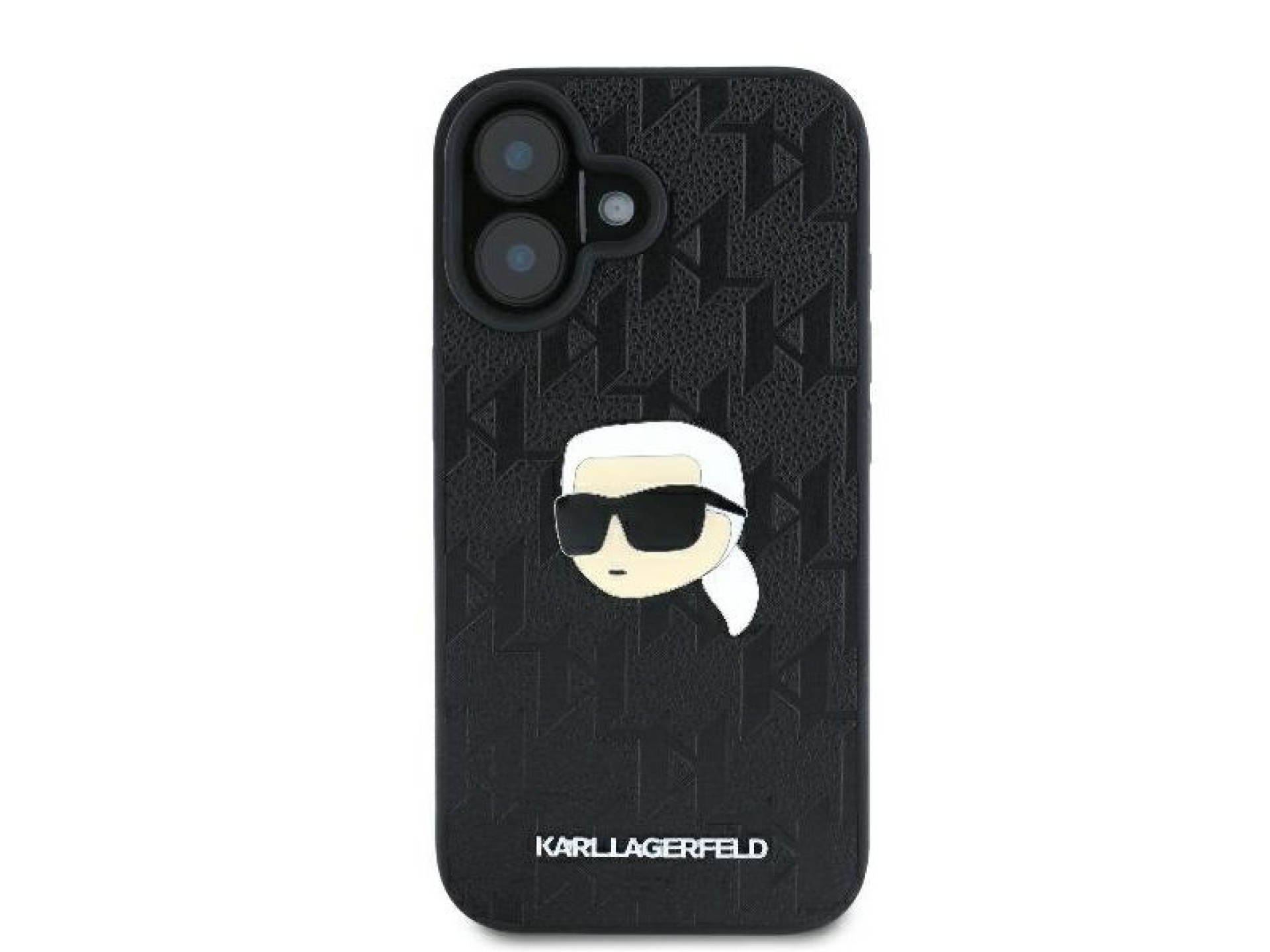 Capa para iPhone 16 com broche de cabeça de Karl Lagerfeld e monograma - Preta
