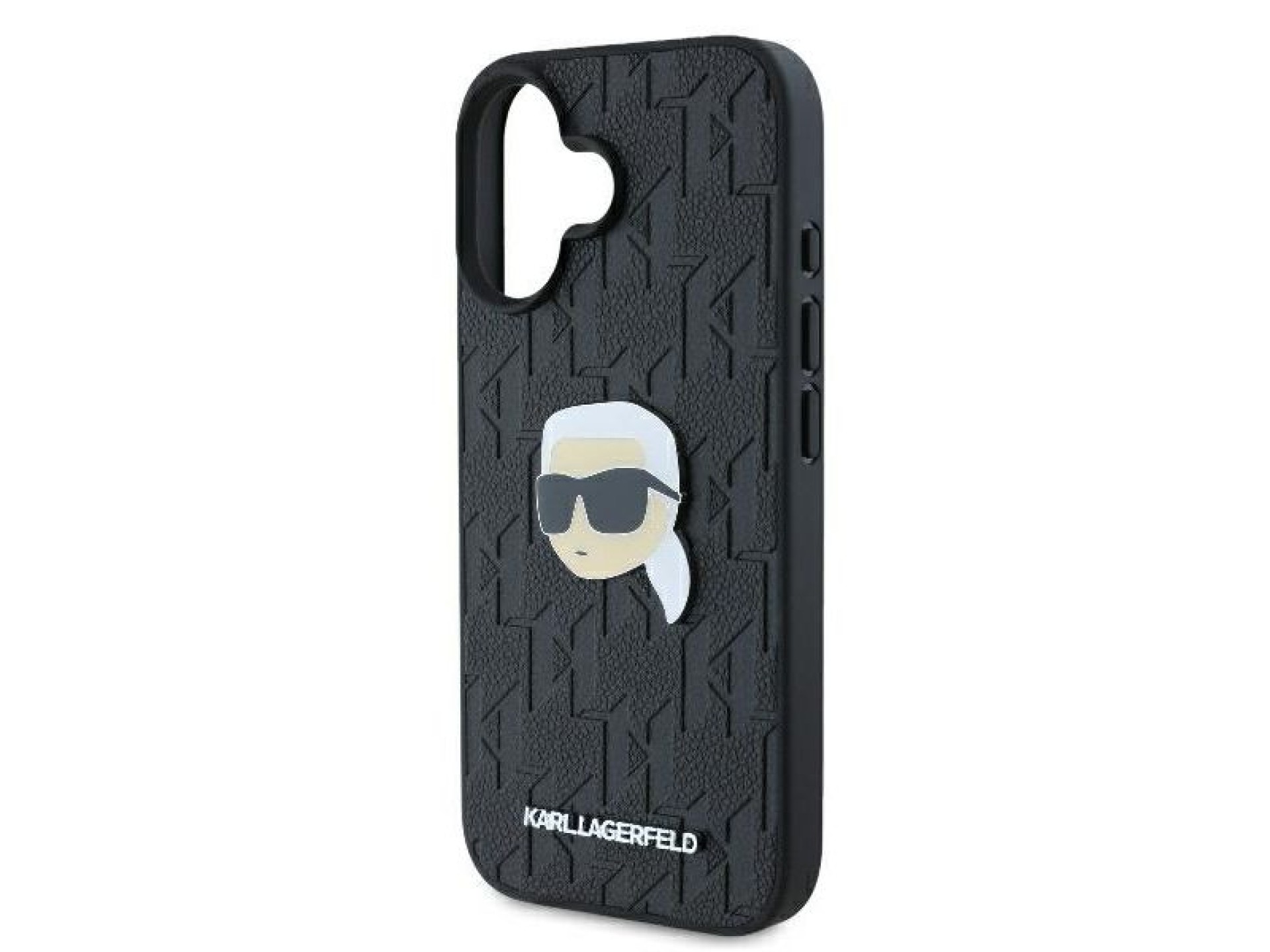 Capa para iPhone 16 com broche de cabeça de Karl Lagerfeld e monograma - Preta