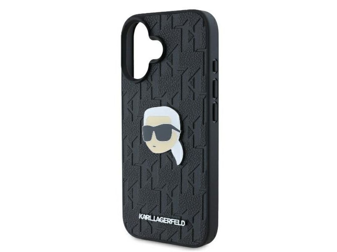 Capa para iPhone 16 com broche de cabeça de Karl Lagerfeld e monograma - Preta
