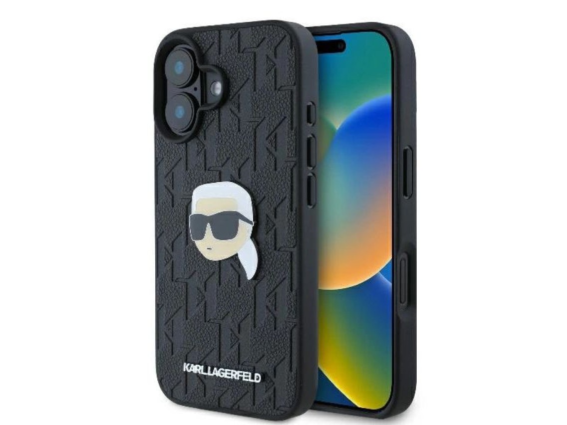 Capa para iPhone 16 com broche de cabeça de Karl Lagerfeld e monograma - Preta