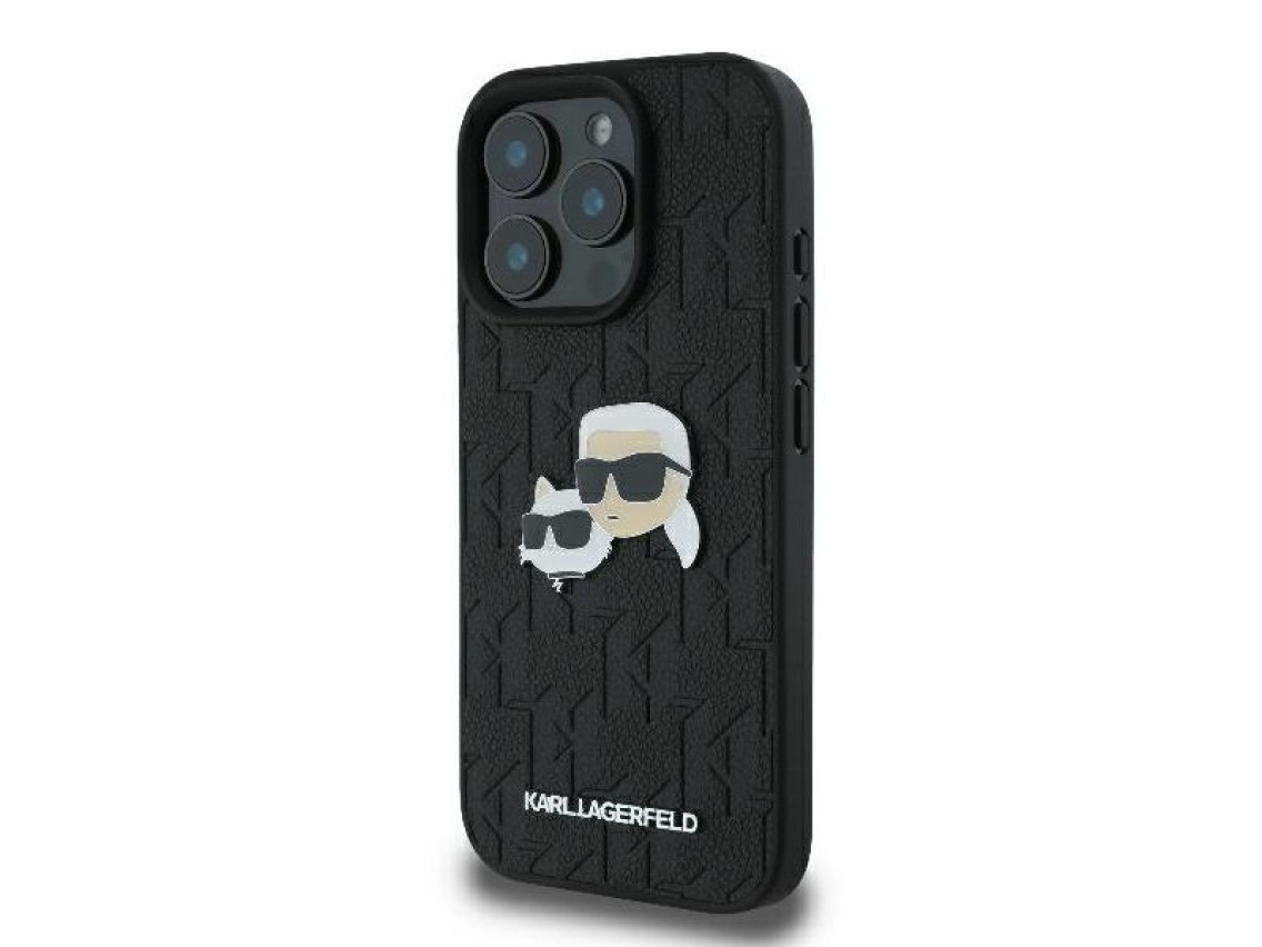 Capa para iPhone 16 Pro Max com broche de cabeça de Karl Lagerfeld e monograma Karl & Choupette - Pr