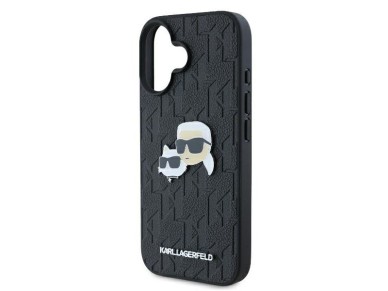 Funda para iPhone 16 con monograma de Karl Lagerfeld y pin de la cabeza de Karl & Choupette - Negra Funda para iPhone 16 con monograma de Karl Lagerfeld y pin de la cabeza de Karl & Choupette - Negra