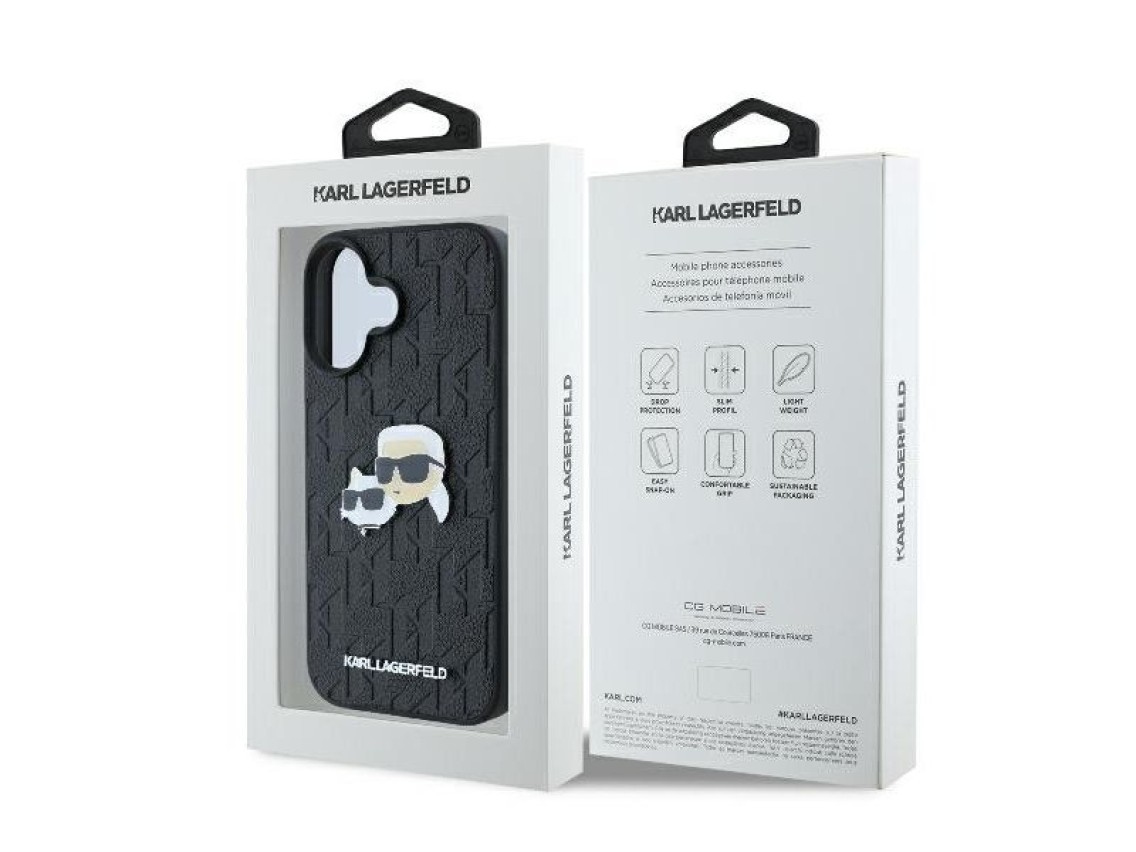 Funda para iPhone 16 con monograma de Karl Lagerfeld y pin de la cabeza de Karl & Choupette - Negra