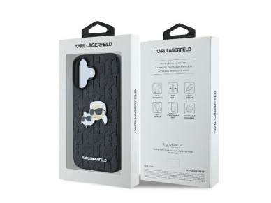 Funda para iPhone 16 con monograma de Karl Lagerfeld y pin de la cabeza de Karl & Choupette - Negra Funda para iPhone 16 con monograma de Karl Lagerfeld y pin de la cabeza de Karl & Choupette - Negra