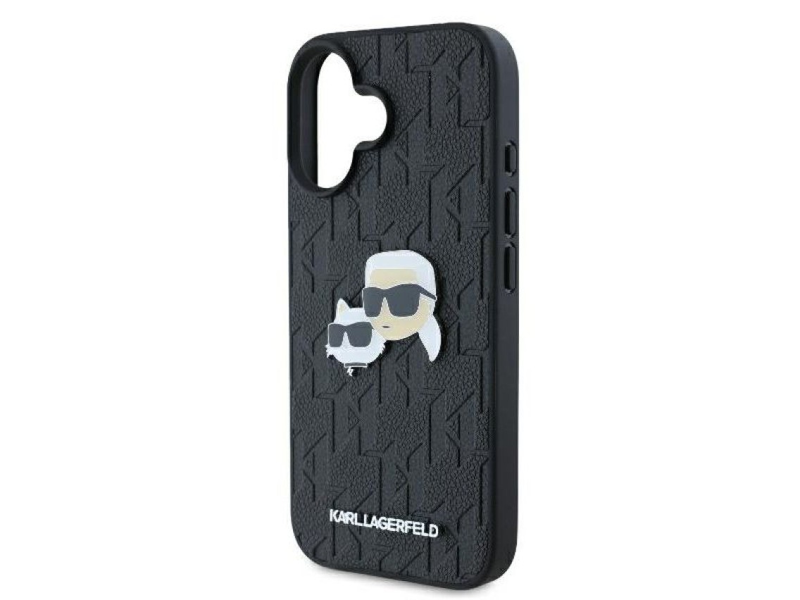 Funda para iPhone 16 con monograma de Karl Lagerfeld y pin de la cabeza de Karl & Choupette - Negra