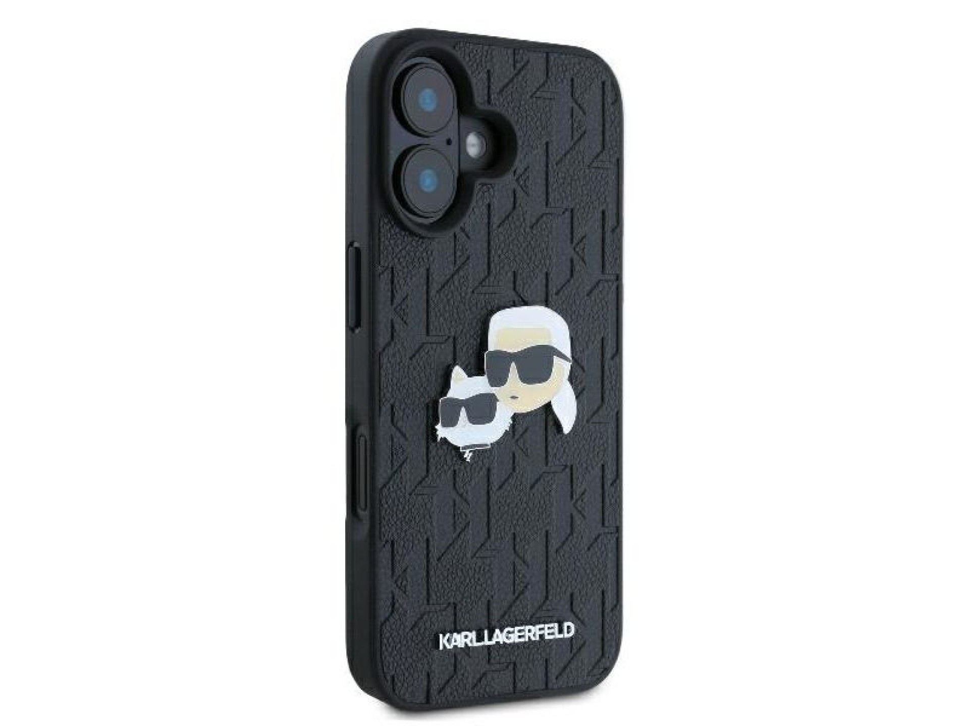 Funda para iPhone 16 con monograma de Karl Lagerfeld y pin de la cabeza de Karl & Choupette - Negra