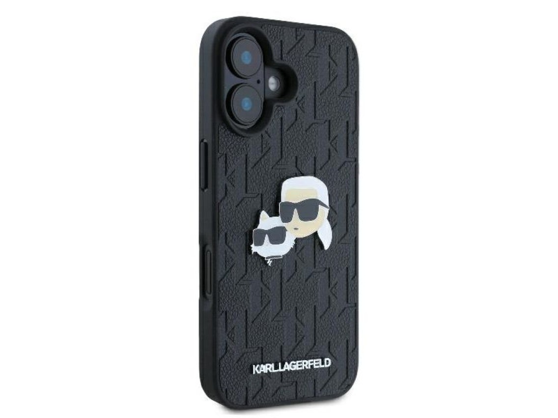 Funda para iPhone 16 con monograma de Karl Lagerfeld y pin de la cabeza de Karl & Choupette - Negra