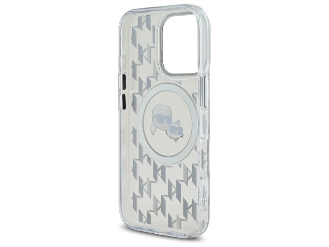 Capa MagSafe para iPhone 16 Pro com monograma Karl Lagerfeld IML e cabeça de Karl & Choupette - Tran