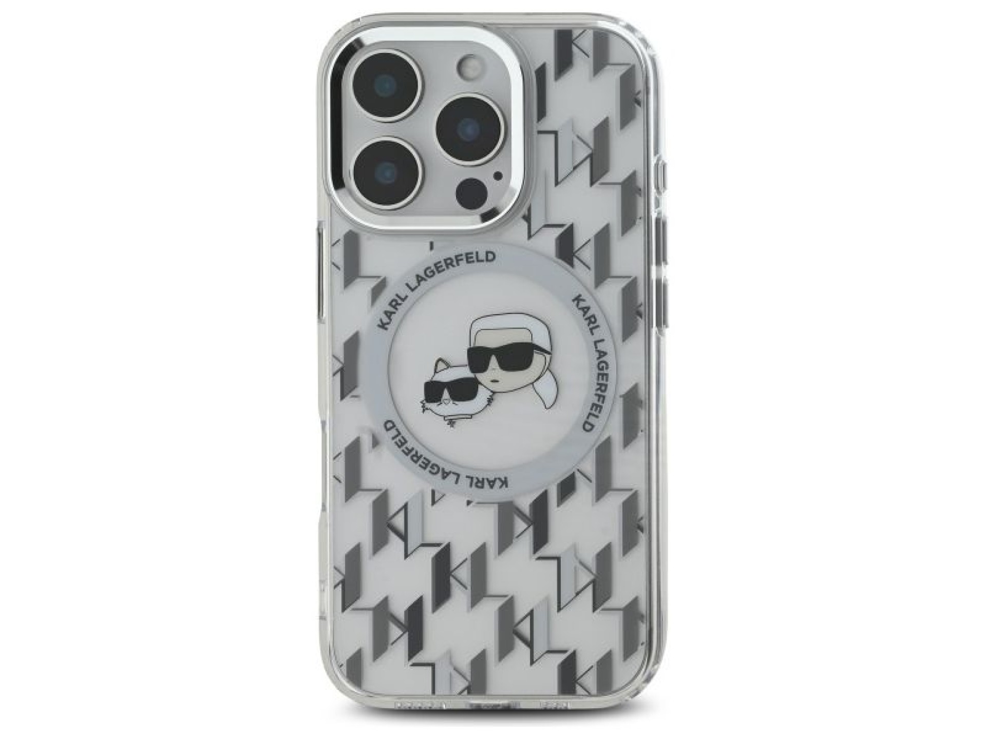 Capa MagSafe para iPhone 16 Pro com monograma Karl Lagerfeld IML e cabeça de Karl & Choupette - Tran