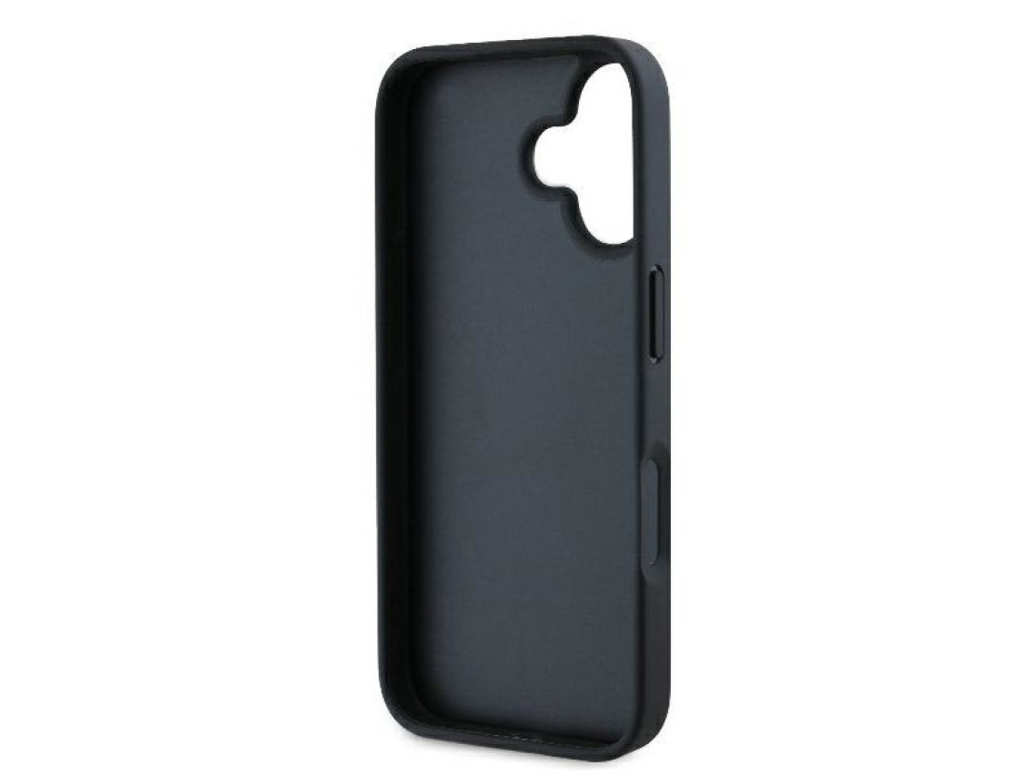 Funda para iPhone 16 con monograma de Karl Lagerfeld y pin de la cabeza de Karl & Choupette - Negra