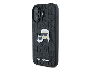 Funda para iPhone 16 con monograma de Karl Lagerfeld y pin de la cabeza de Karl & Choupette - Negra Funda para iPhone 16 con monograma de Karl Lagerfeld y pin de la cabeza de Karl & Choupette - Negra
