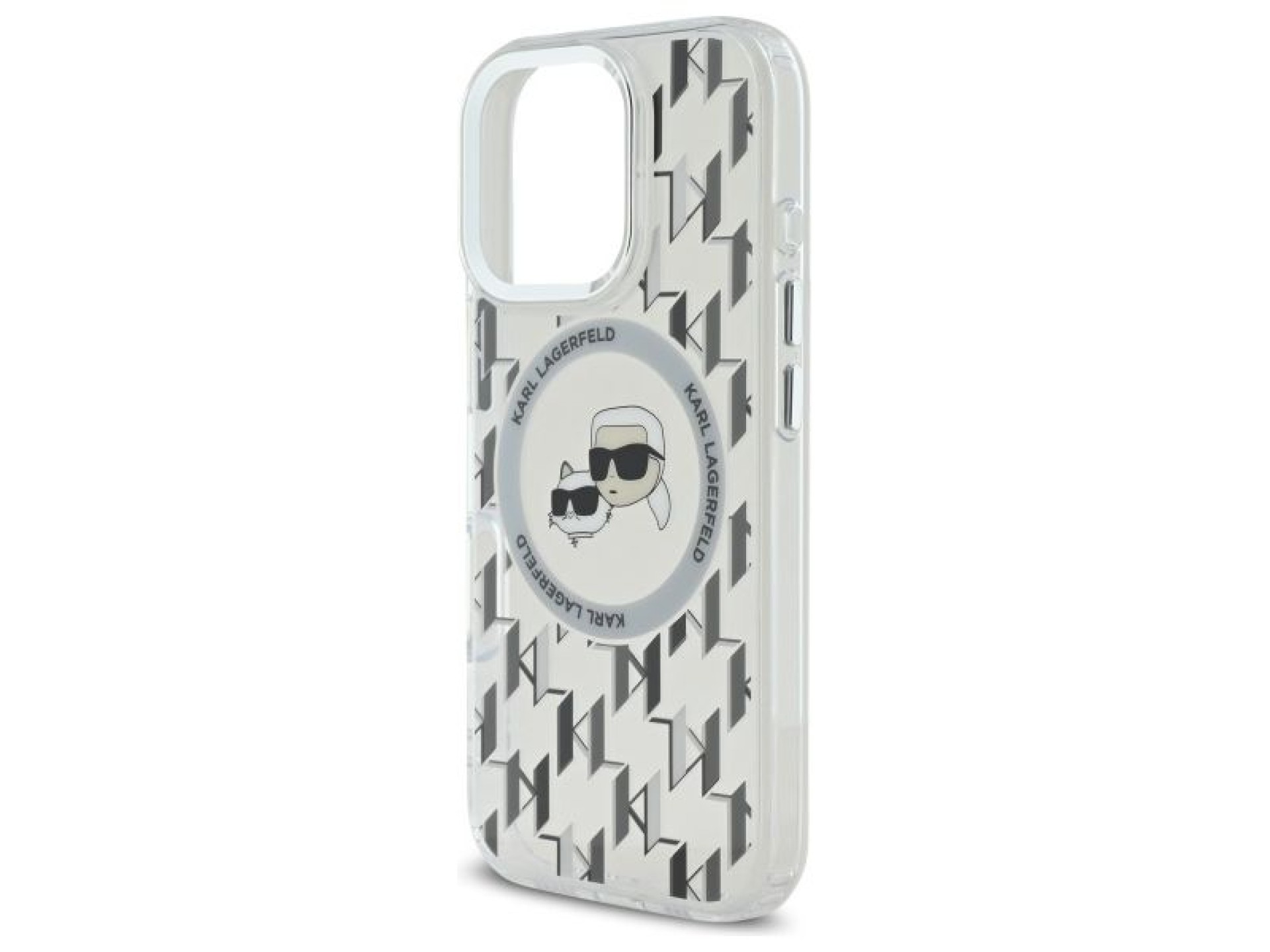 Capa MagSafe para iPhone 16 Pro com monograma Karl Lagerfeld IML e cabeça de Karl & Choupette - Tran