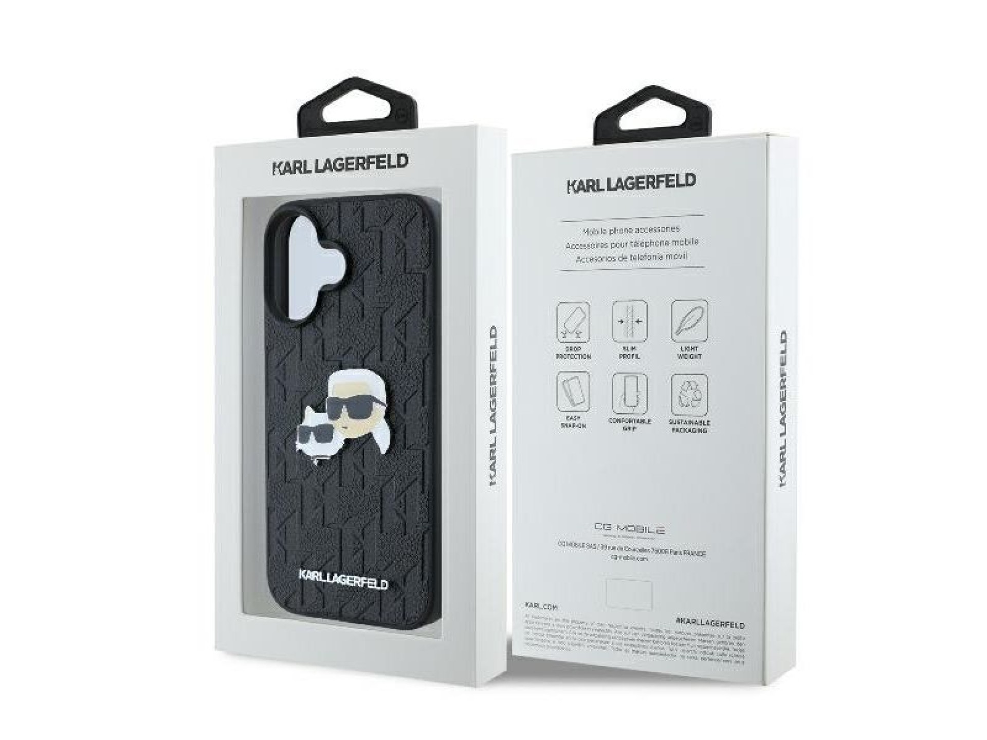 Funda para iPhone 16 con monograma de Karl Lagerfeld y pin de la cabeza de Karl & Choupette - Negra