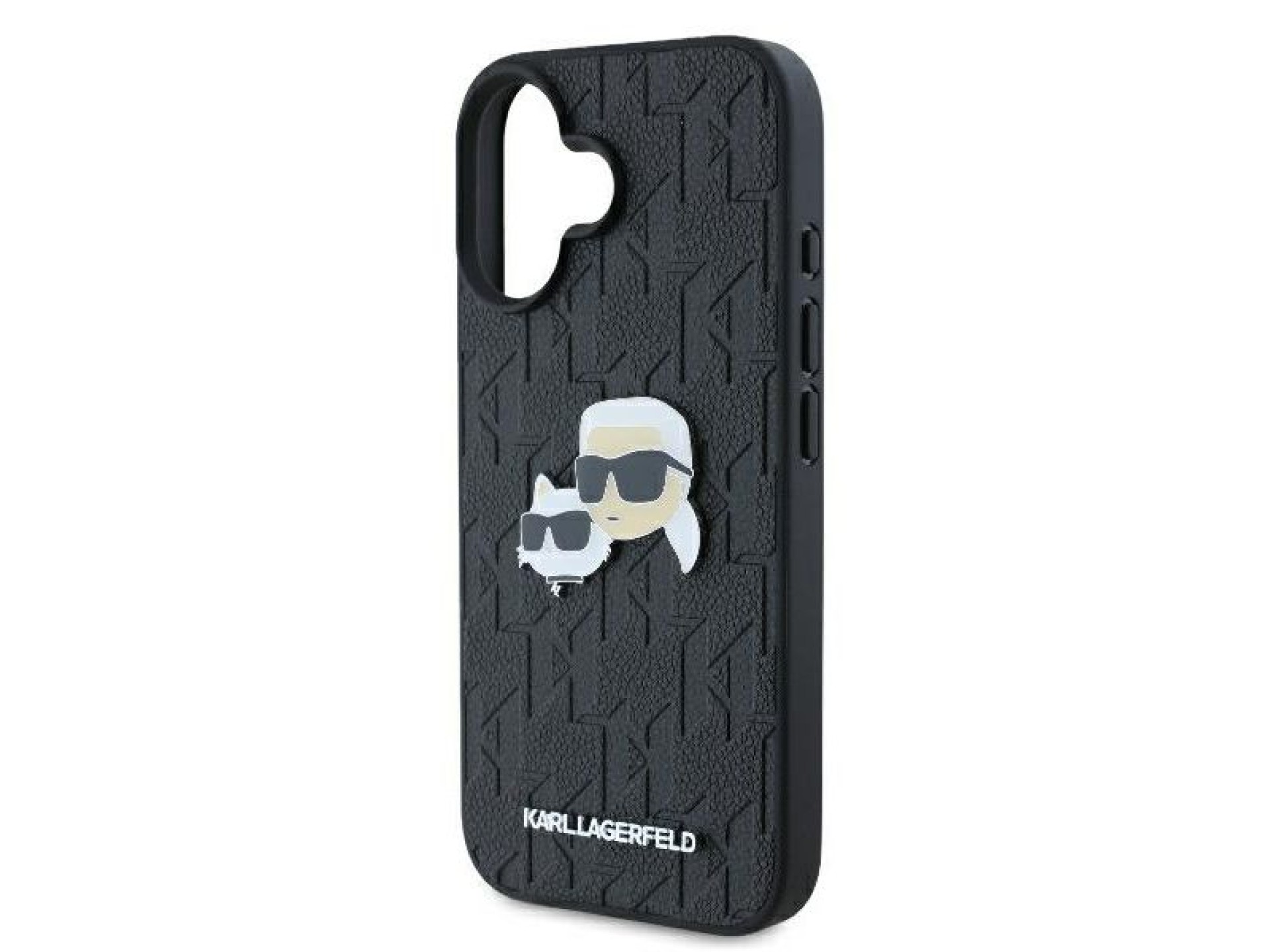 Funda para iPhone 16 con monograma de Karl Lagerfeld y pin de la cabeza de Karl & Choupette - Negra