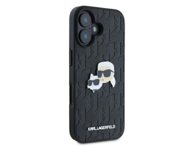Funda para iPhone 16 con monograma de Karl Lagerfeld y pin de la cabeza de Karl & Choupette - Negra Funda para iPhone 16 con monograma de Karl Lagerfeld y pin de la cabeza de Karl & Choupette - Negra