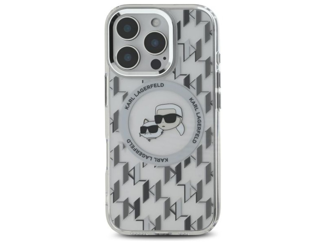 Capa MagSafe para iPhone 16 Pro com monograma Karl Lagerfeld IML e cabeça de Karl & Choupette - Tran