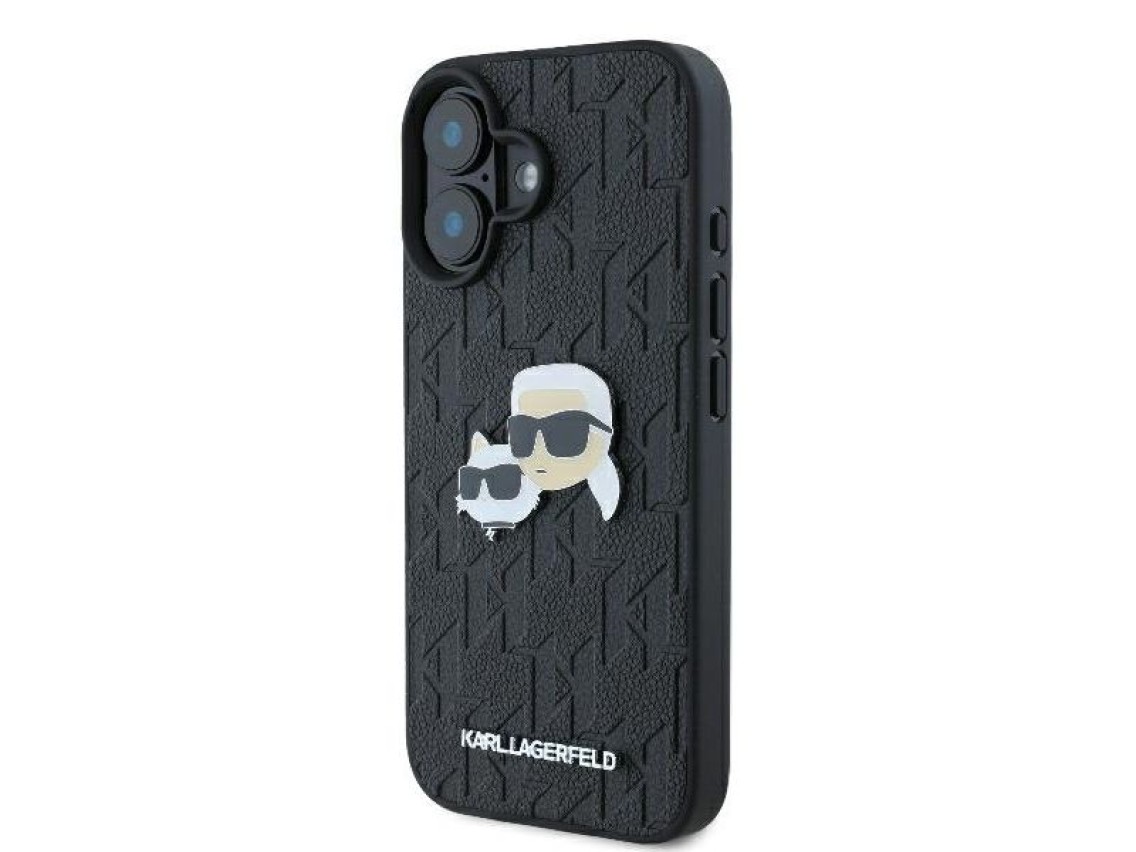 Funda para iPhone 16 con monograma de Karl Lagerfeld y pin de la cabeza de Karl & Choupette - Negra