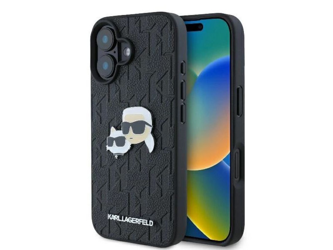 Funda para iPhone 16 con monograma de Karl Lagerfeld y pin de la cabeza de Karl & Choupette - Negra