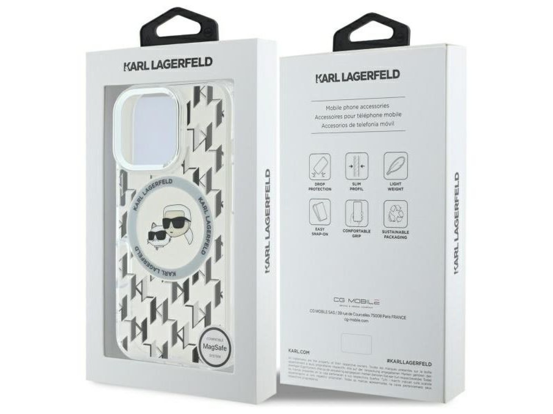 Capa MagSafe para iPhone 16 Pro com monograma Karl Lagerfeld IML e cabeça de Karl & Choupette - Tran