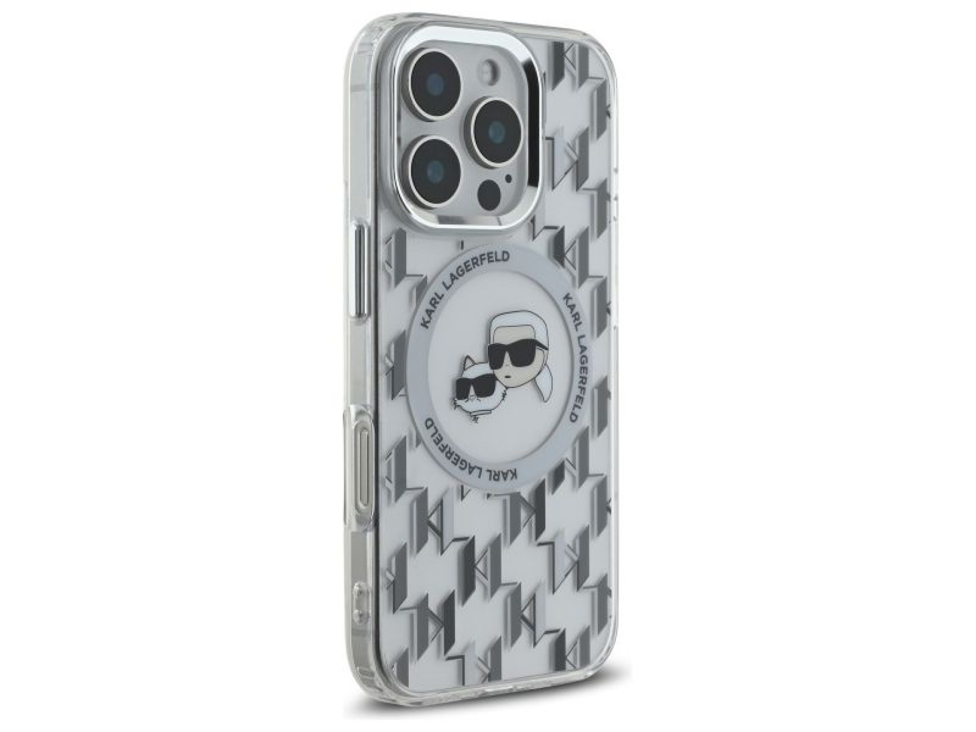Capa MagSafe para iPhone 16 Pro com monograma Karl Lagerfeld IML e cabeça de Karl & Choupette - Tran