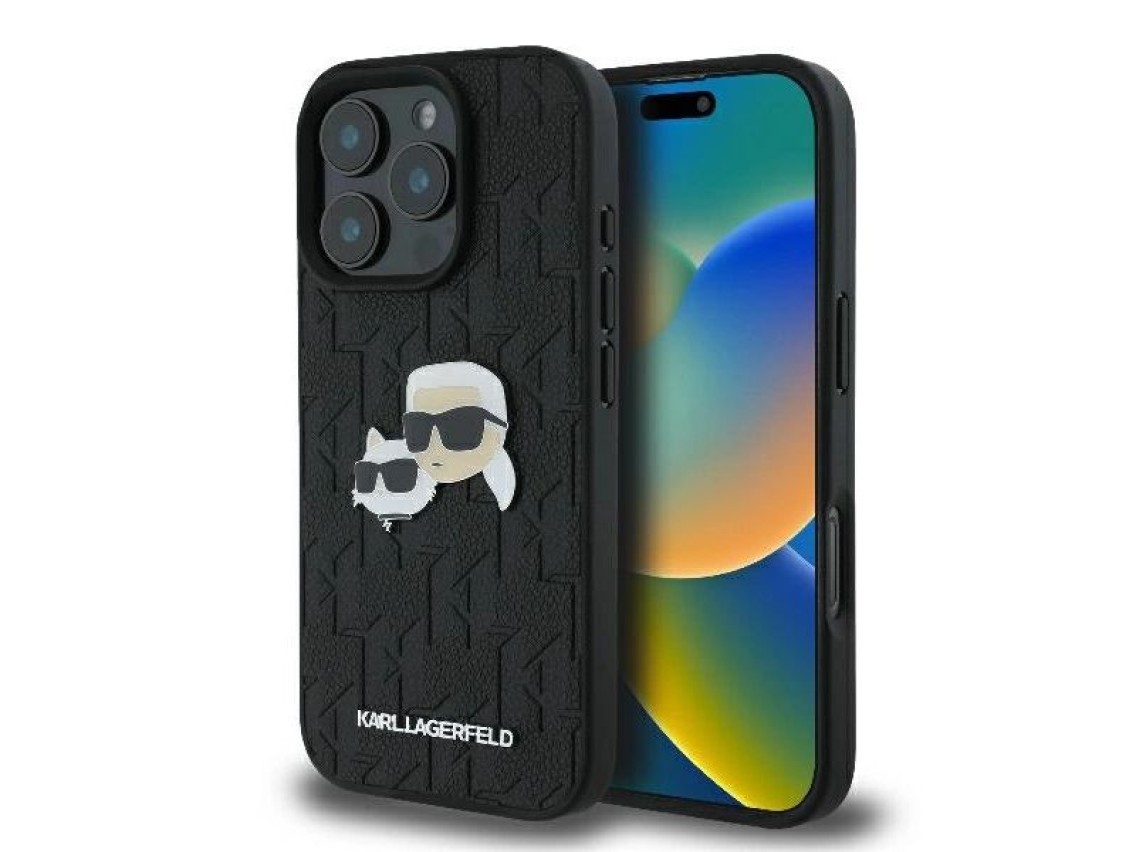 Capa para iPhone 16 Pro Max com broche de cabeça de Karl Lagerfeld e monograma Karl & Choupette - Pr