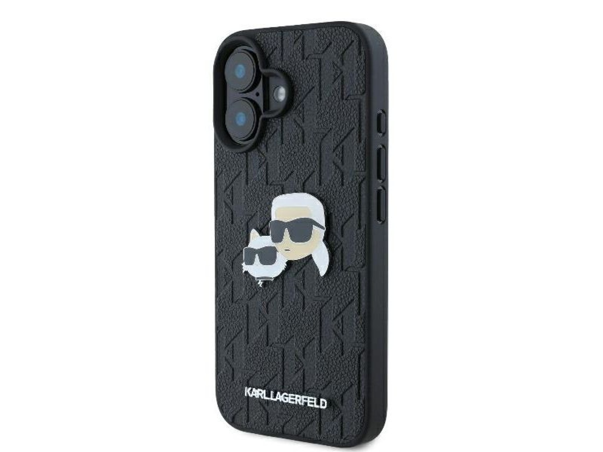 Funda para iPhone 16 con monograma de Karl Lagerfeld y pin de la cabeza de Karl & Choupette - Negra