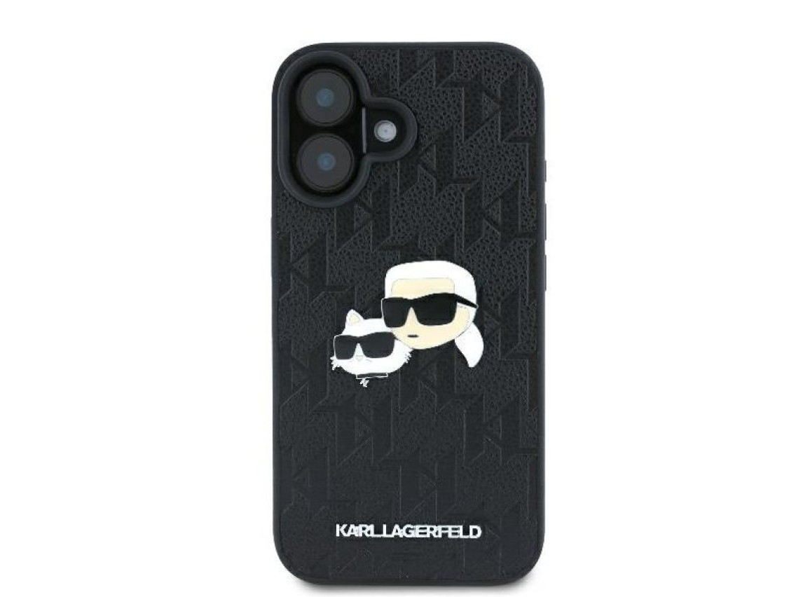 Funda para iPhone 16 con monograma de Karl Lagerfeld y pin de la cabeza de Karl & Choupette - Negra