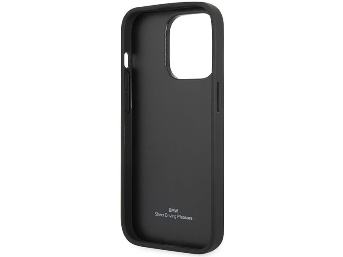 Funda BMW BMHCP14X22RFGR para iPhone 14 Pro Max de 6,7" en piel color burdeos con estampado de rombo