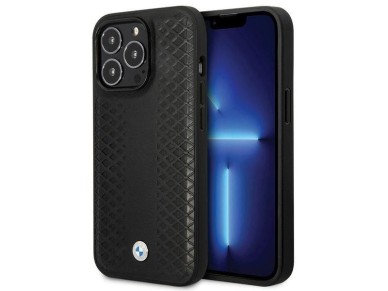Capa BMW em couro com padrão de diamante para iPhone 14 Pro - preta Capa BMW em couro com padrão de diamante para iPhone 14 Pro - preta
