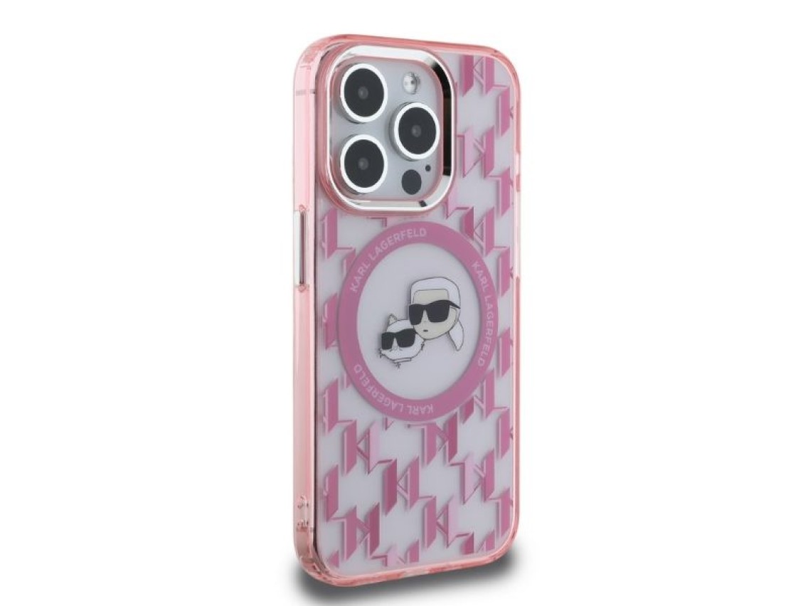 Capa MagSafe para iPhone 15 Pro com monograma Karl Lagerfeld IML Karl & Choupette Head - Rosa