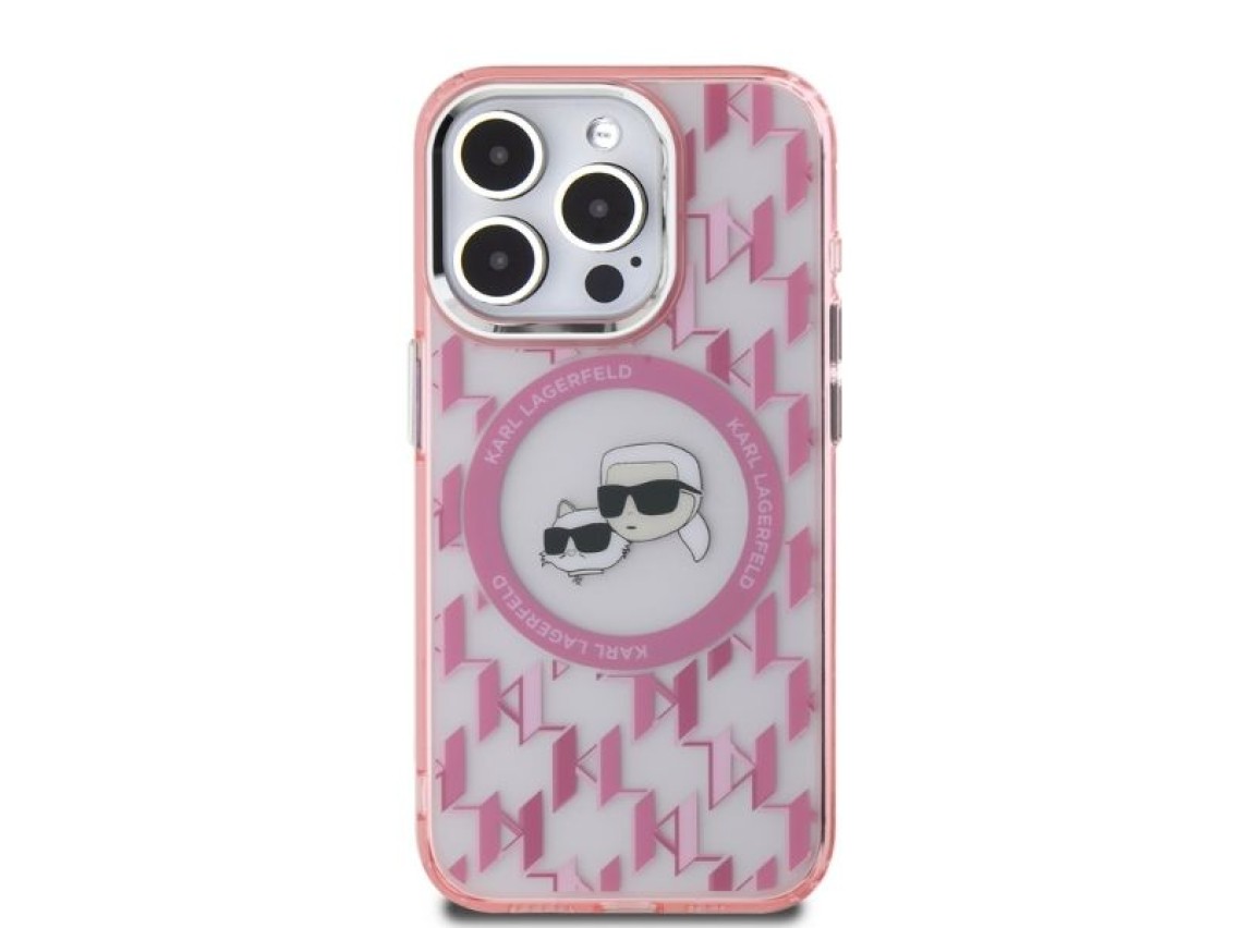 Capa MagSafe para iPhone 15 Pro com monograma Karl Lagerfeld IML Karl & Choupette Head - Rosa