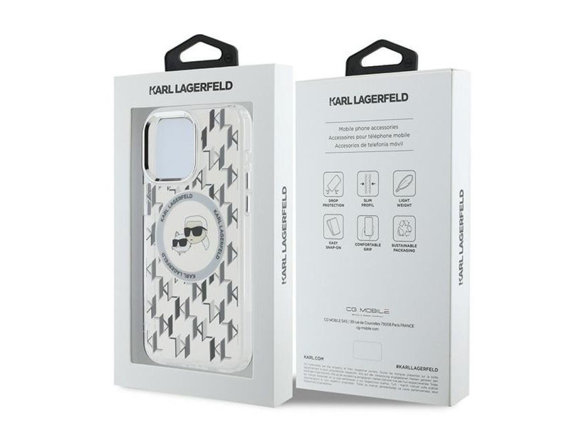 Funda Karl Lagerfeld IML Monogram Karl & Choupette Head MagSafe para iPhone 15 Pro - Transparente
