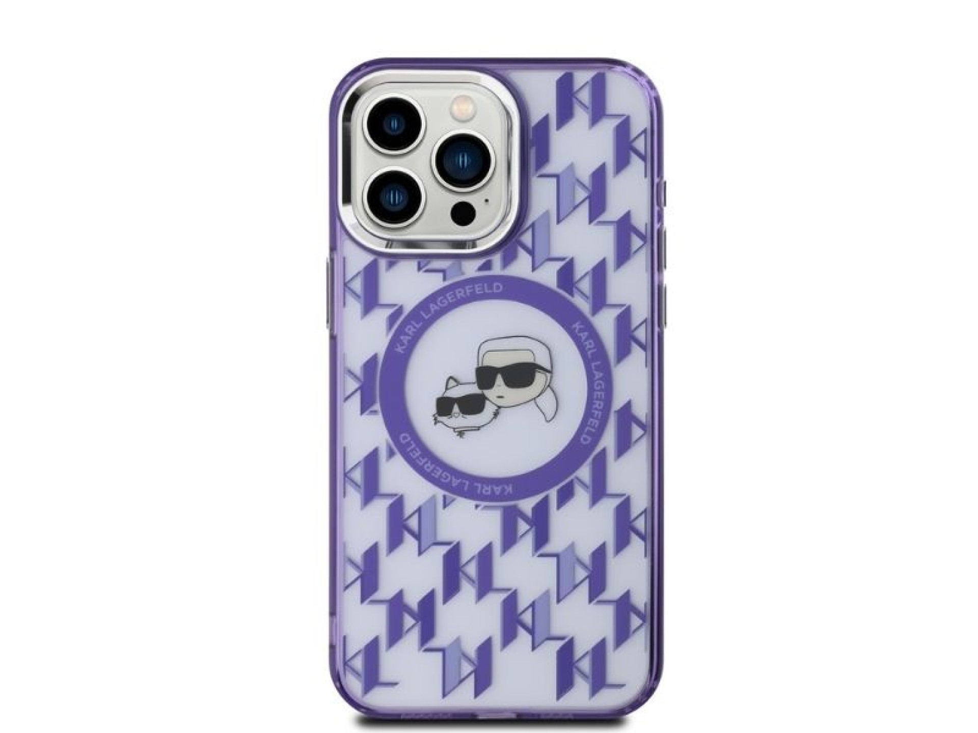 Karl Lagerfeld IML Monogram Karl & Choupette Head MagSafe iPhone 15 Pro Case - Purple
