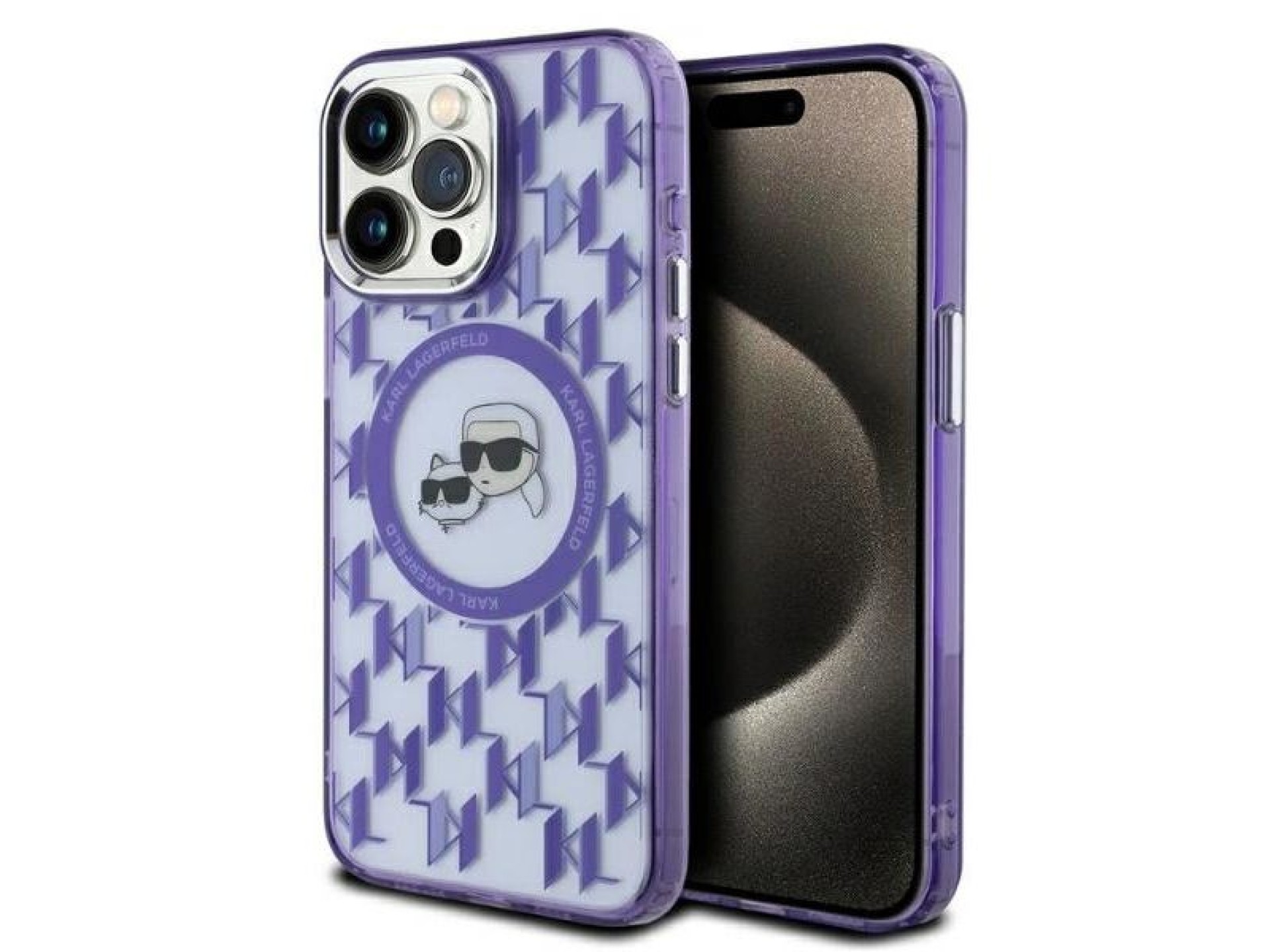 Karl Lagerfeld IML Monogram Karl & Choupette Head MagSafe iPhone 15 Pro Case - Purple
