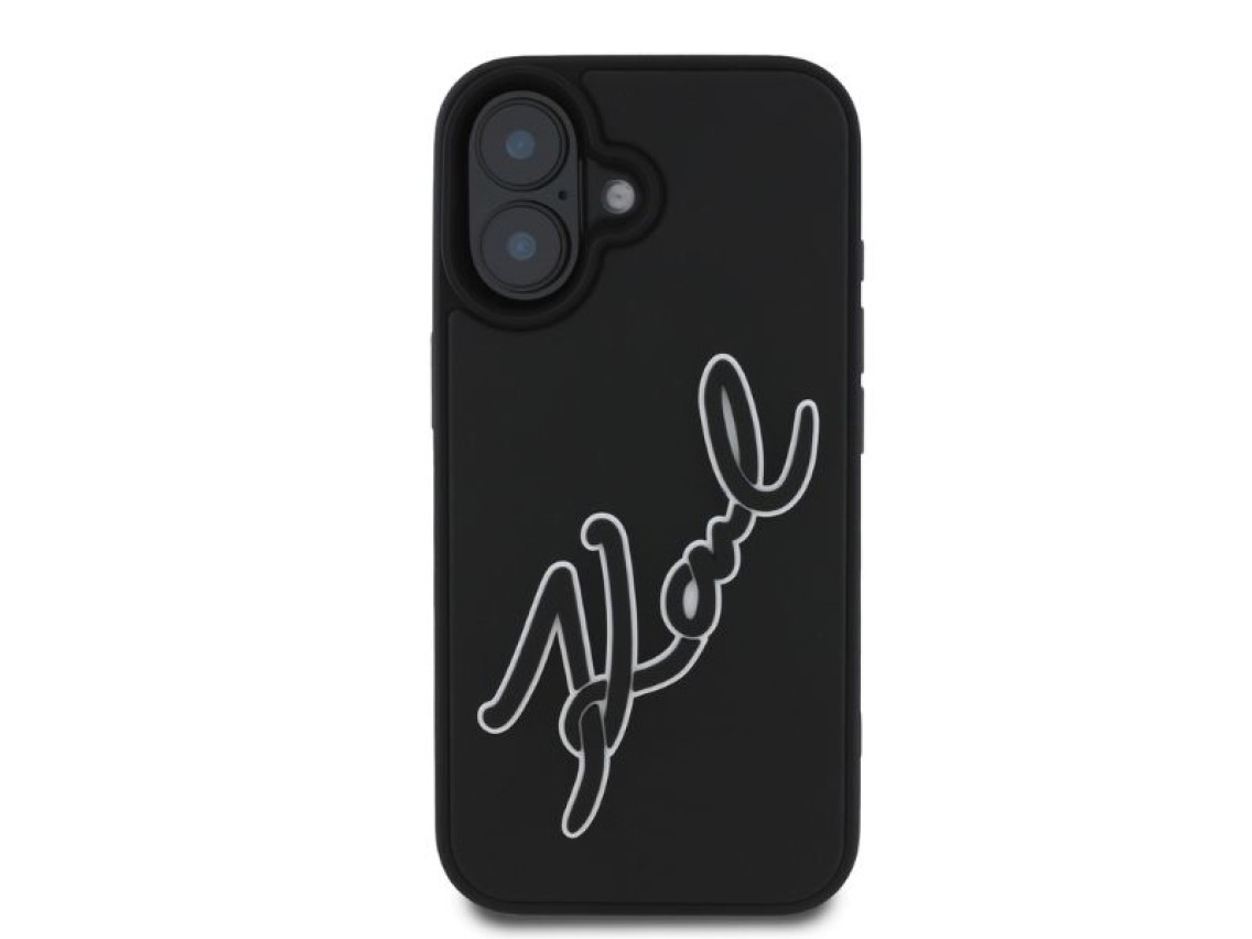 Capa para iPhone 16 com a assinatura de Karl Lagerfeld em borracha 3D - Preta