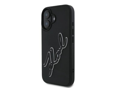 Funda para iPhone 16 de goma 3D con la firma de Karl Lagerfeld - Negra