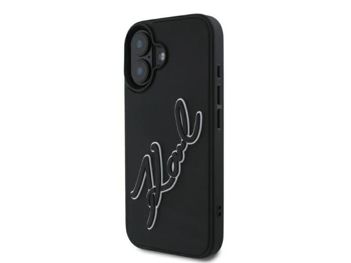 Capa para iPhone 16 com a assinatura de Karl Lagerfeld em borracha 3D - Preta