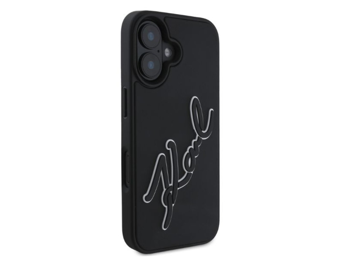 Capa para iPhone 16 com a assinatura de Karl Lagerfeld em borracha 3D - Preta