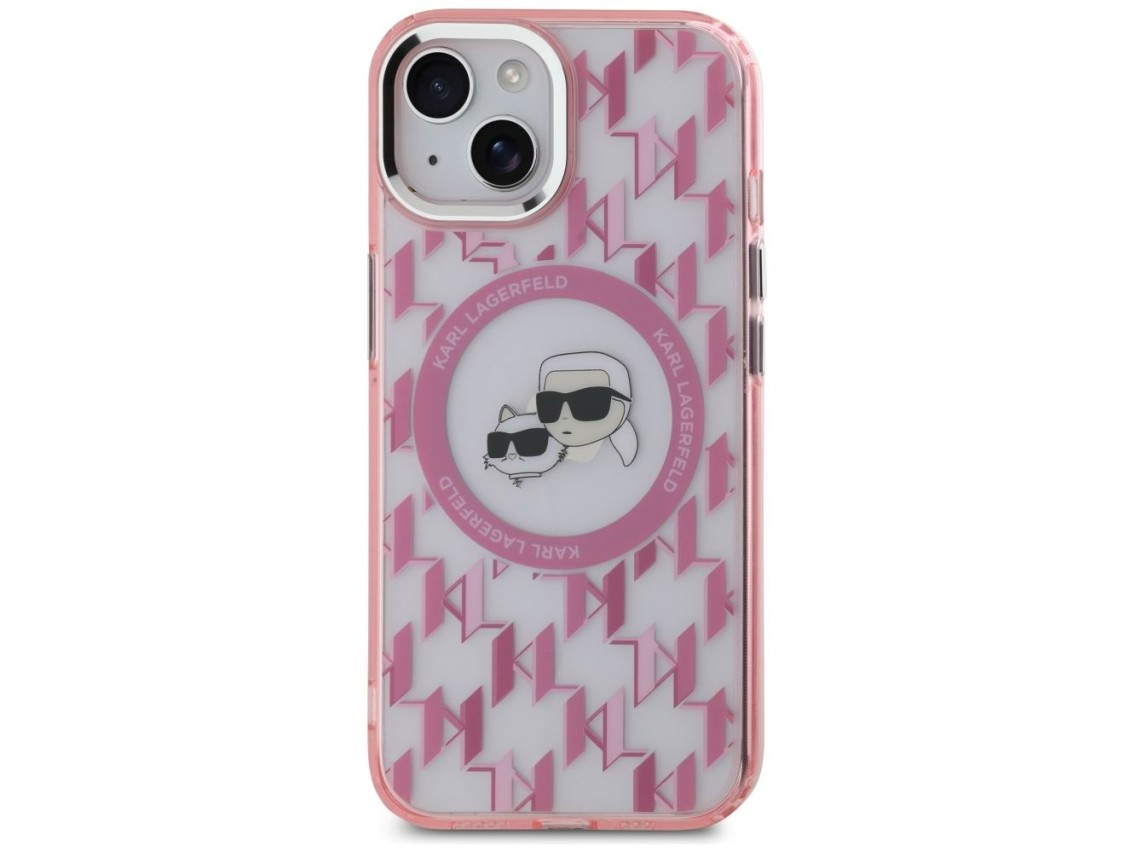 Capa MagSafe para iPhone 15 Plus com monograma Karl Lagerfeld IML Karl & Choupette Head - Rosa