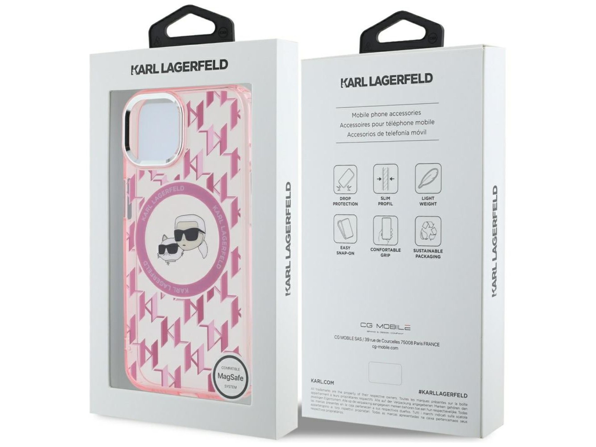 Capa MagSafe para iPhone 15 Plus com monograma Karl Lagerfeld IML Karl & Choupette Head - Rosa