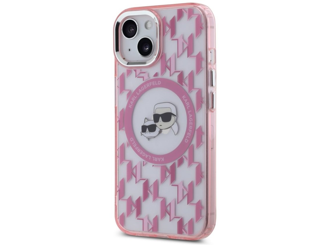 Capa MagSafe para iPhone 15 Plus com monograma Karl Lagerfeld IML Karl & Choupette Head - Rosa