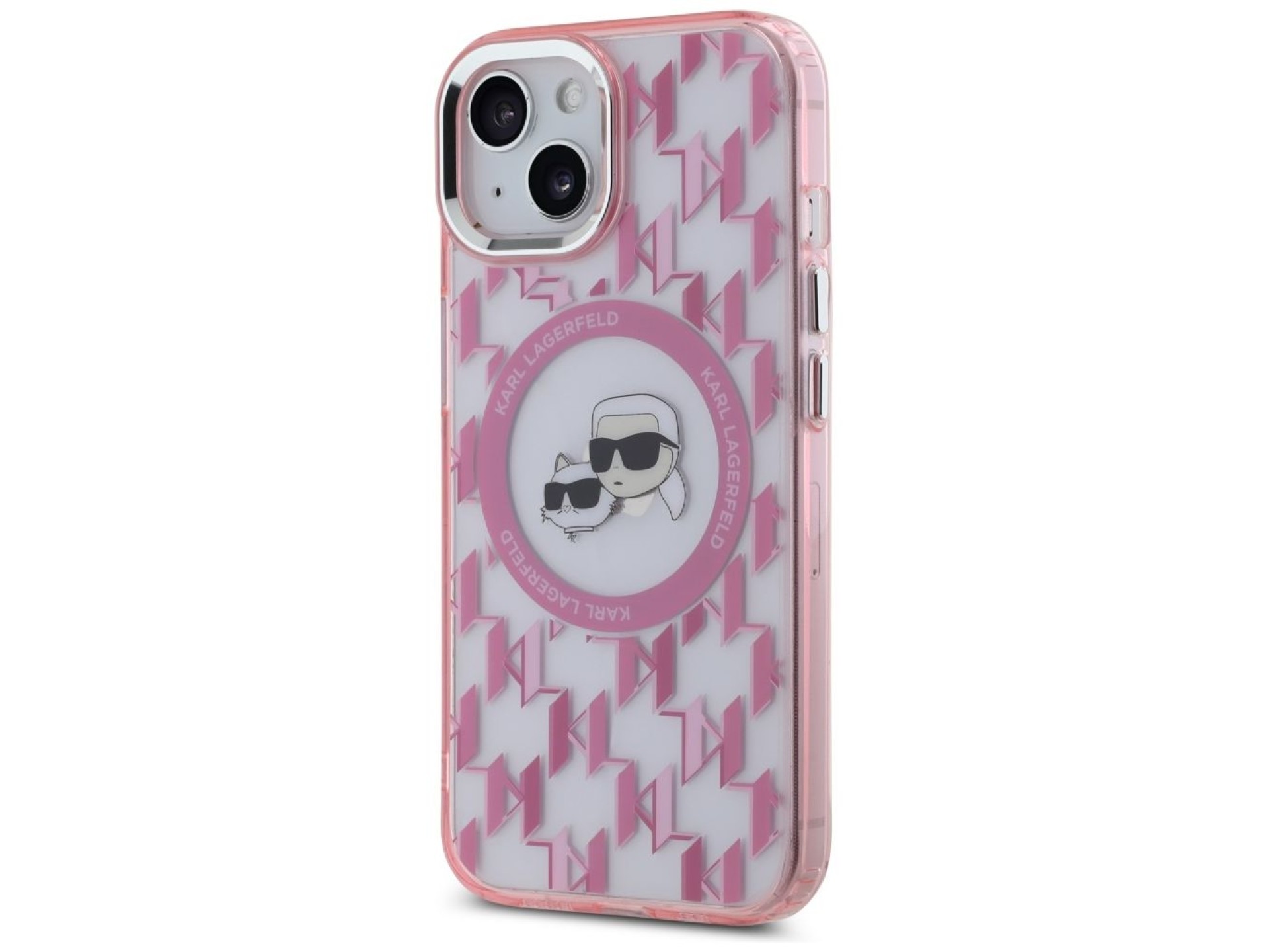 Capa MagSafe para iPhone 15 Plus com monograma Karl Lagerfeld IML Karl & Choupette Head - Rosa