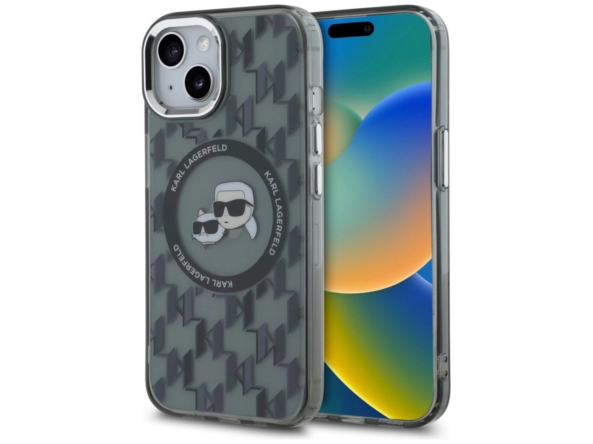 Karl Lagerfeld IML Monogram Karl & Choupette Head MagSafe iPhone 15 Plus Case - Black