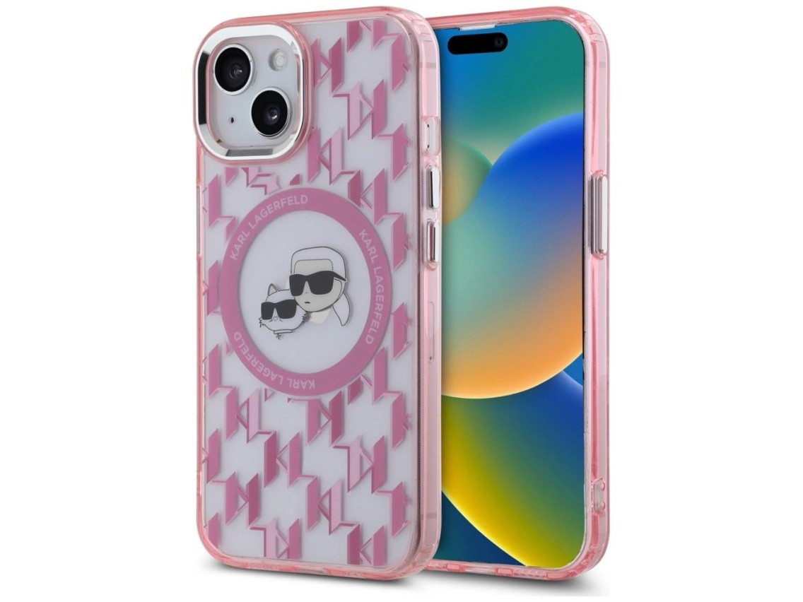 Capa MagSafe para iPhone 15 Plus com monograma Karl Lagerfeld IML Karl & Choupette Head - Rosa