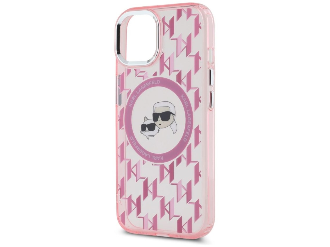 Capa MagSafe para iPhone 15 Plus com monograma Karl Lagerfeld IML Karl & Choupette Head - Rosa