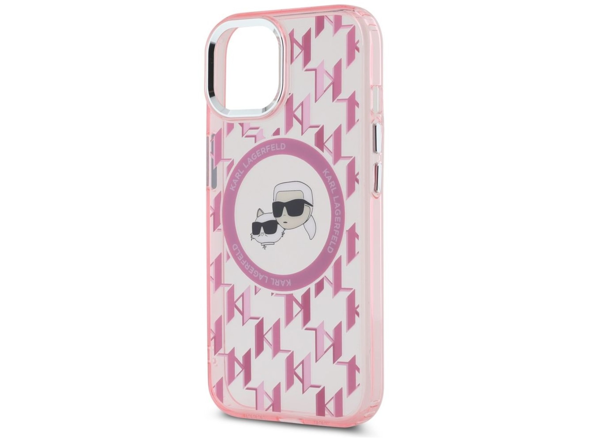 Capa MagSafe para iPhone 15 com monograma Karl Lagerfeld IML Karl & Choupette Head - Rosa