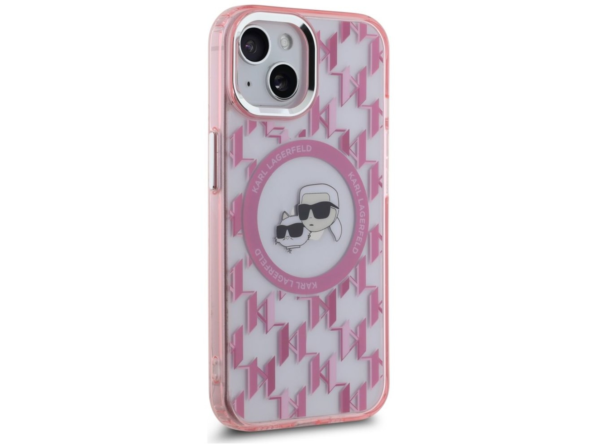 Capa MagSafe para iPhone 15 com monograma Karl Lagerfeld IML Karl & Choupette Head - Rosa