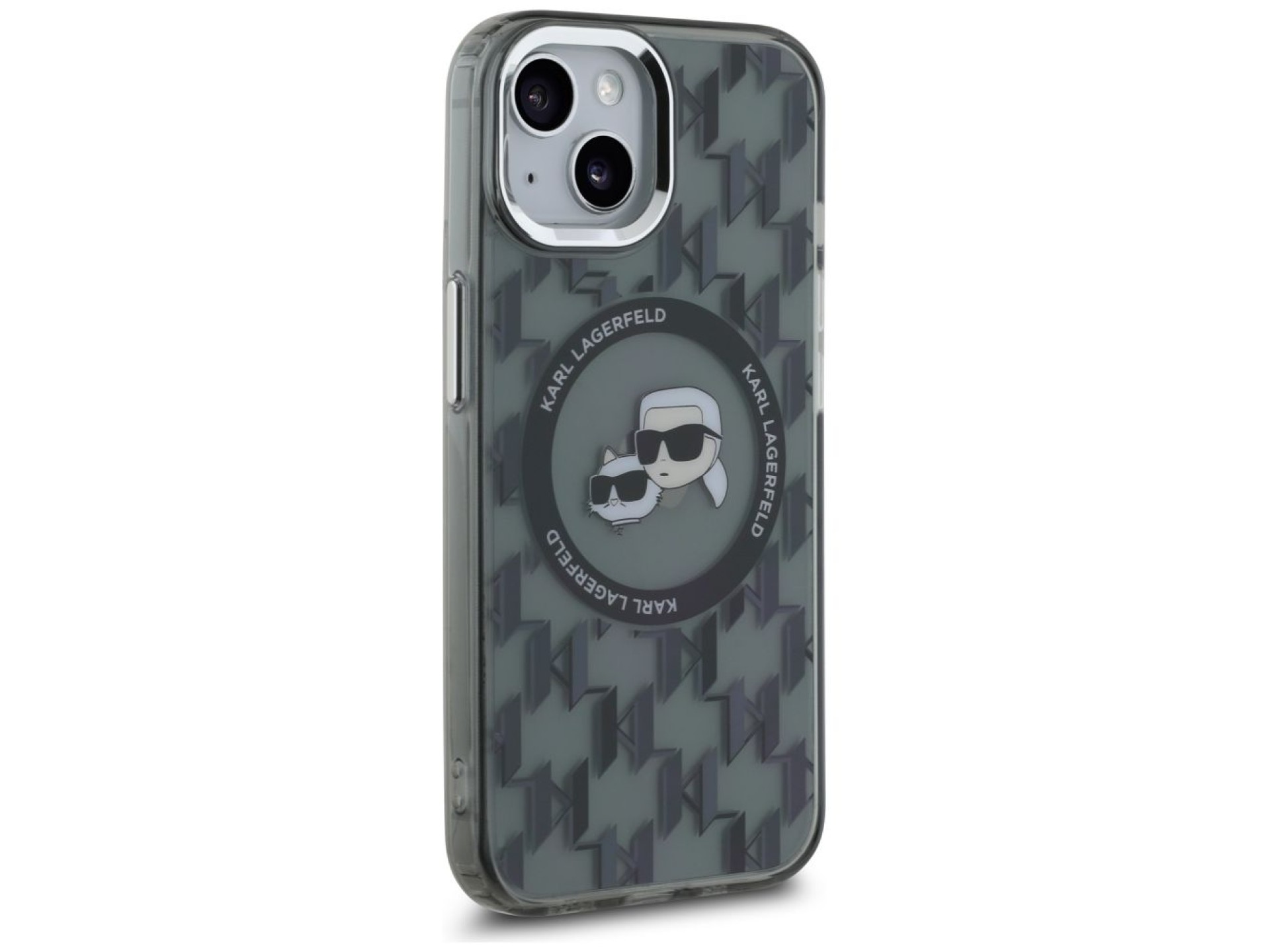 Capa MagSafe para iPhone 15 com monograma Karl Lagerfeld IML Karl & Choupette Head - Preta